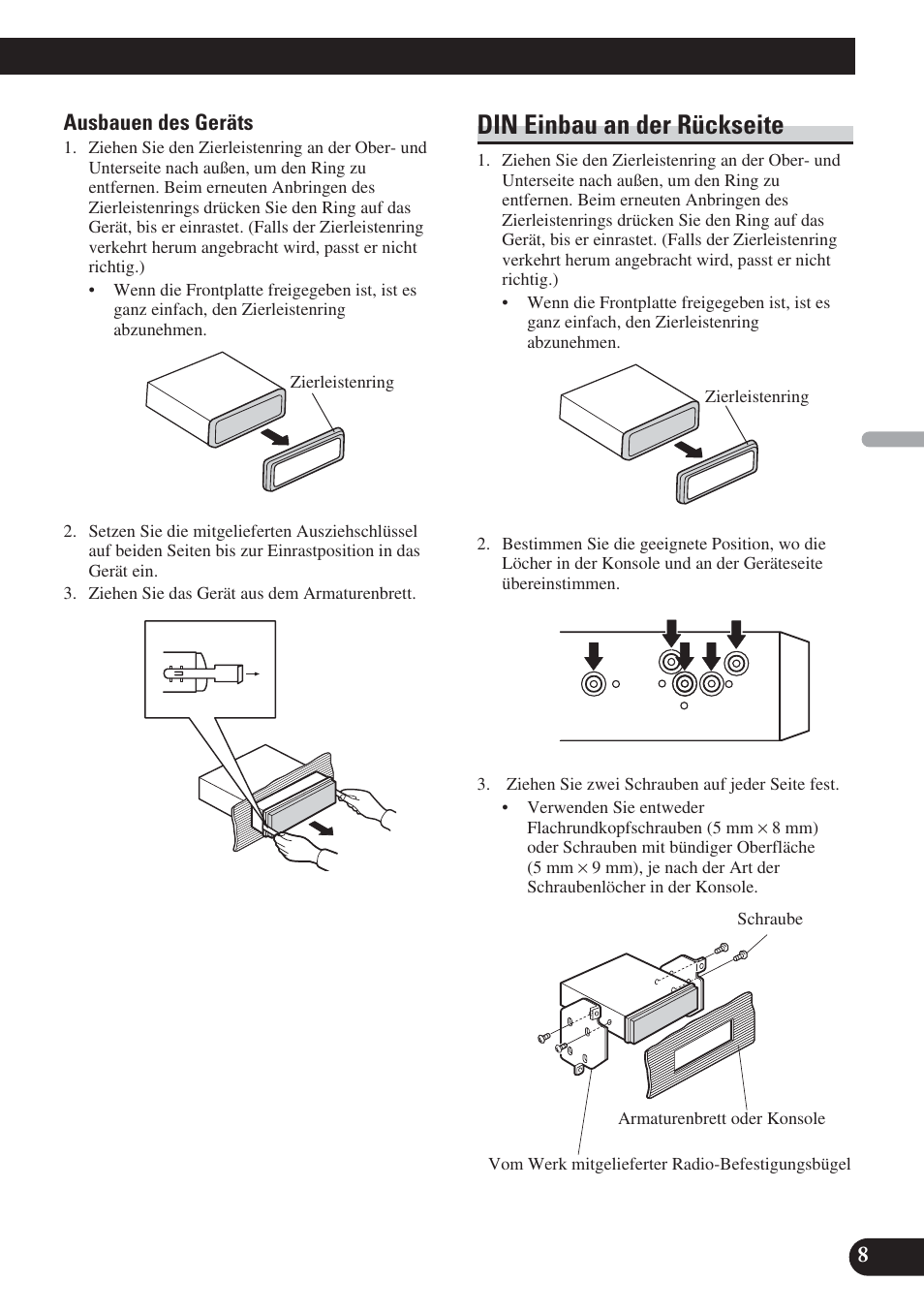 Din einbau an der rückseite | Pioneer DEH-P65BT User Manual | Page 29 / 72