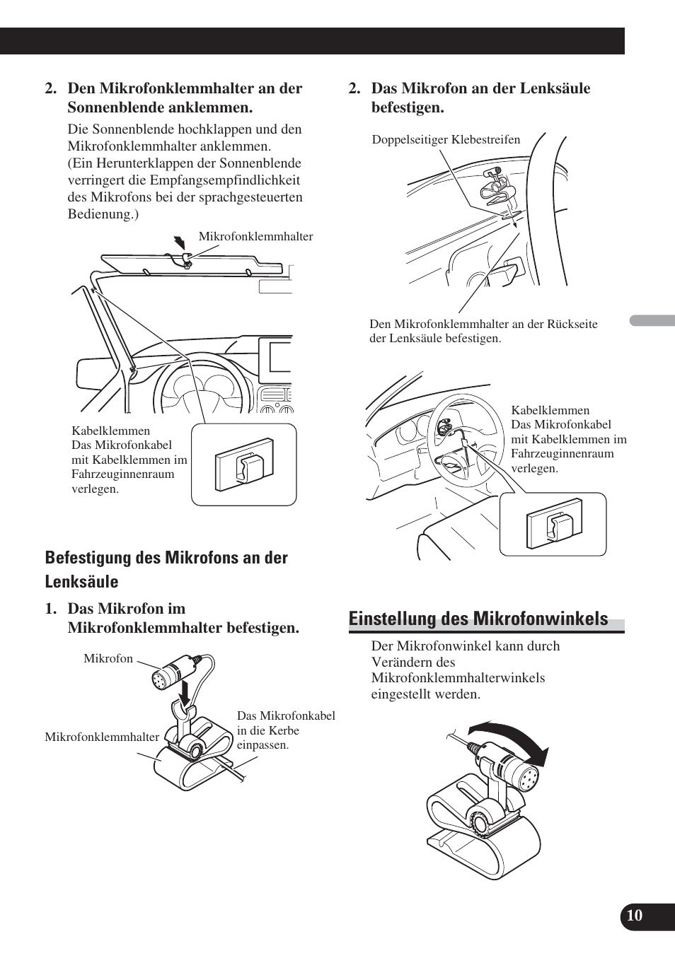 Einstellung des mikrofonwinkels, Befestigung des mikrofons an der lenksäule | Pioneer DEH-P65BT User Manual | Page 31 / 72