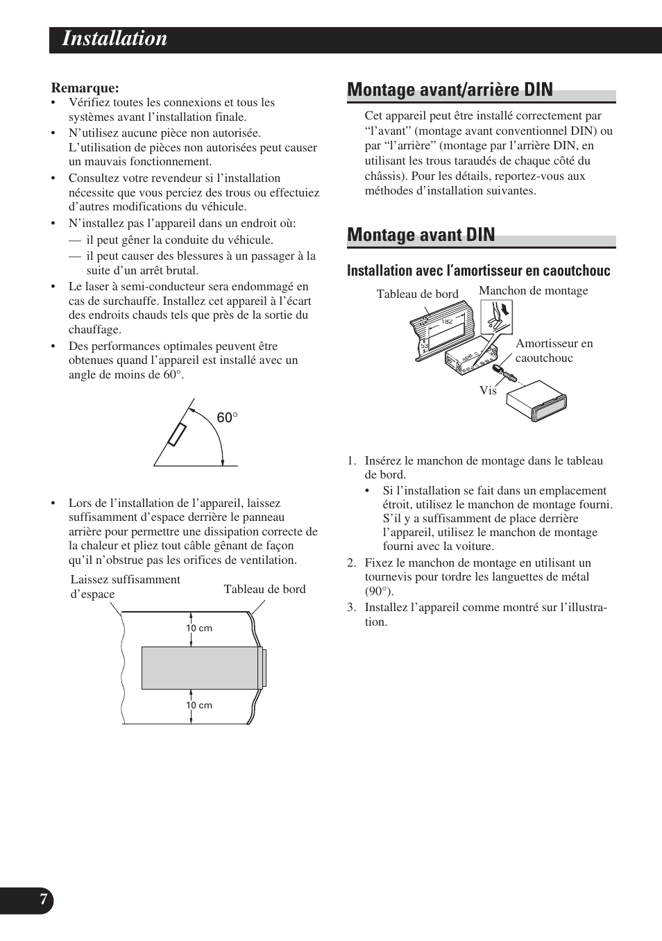 Installation, Montage avant/arrière din montage avant din, Montage avant/arrière din | Montage avant din, Installation avec l’amortisseur en caoutchouc | Pioneer DEH-P65BT User Manual | Page 38 / 72