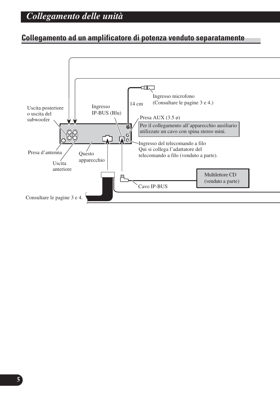 Collegamento ad un amplificatore di, Potenza venduto separatamente, Collegamento delle unità | Pioneer DEH-P65BT User Manual | Page 46 / 72