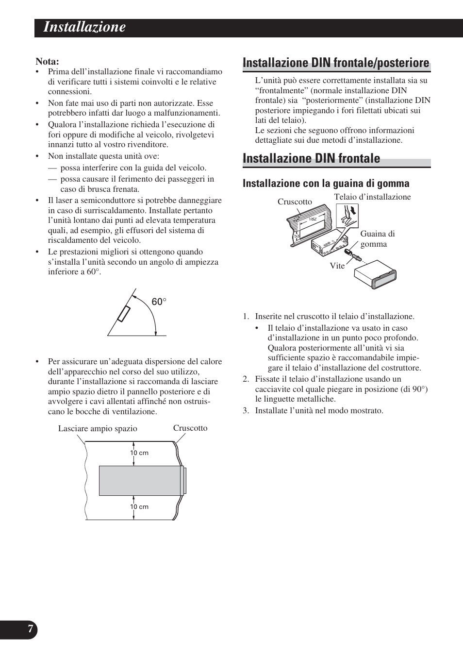 Installazione, Installazione din frontale/posteriore, Installazione din frontale | Installazione con la guaina di gomma | Pioneer DEH-P65BT User Manual | Page 48 / 72