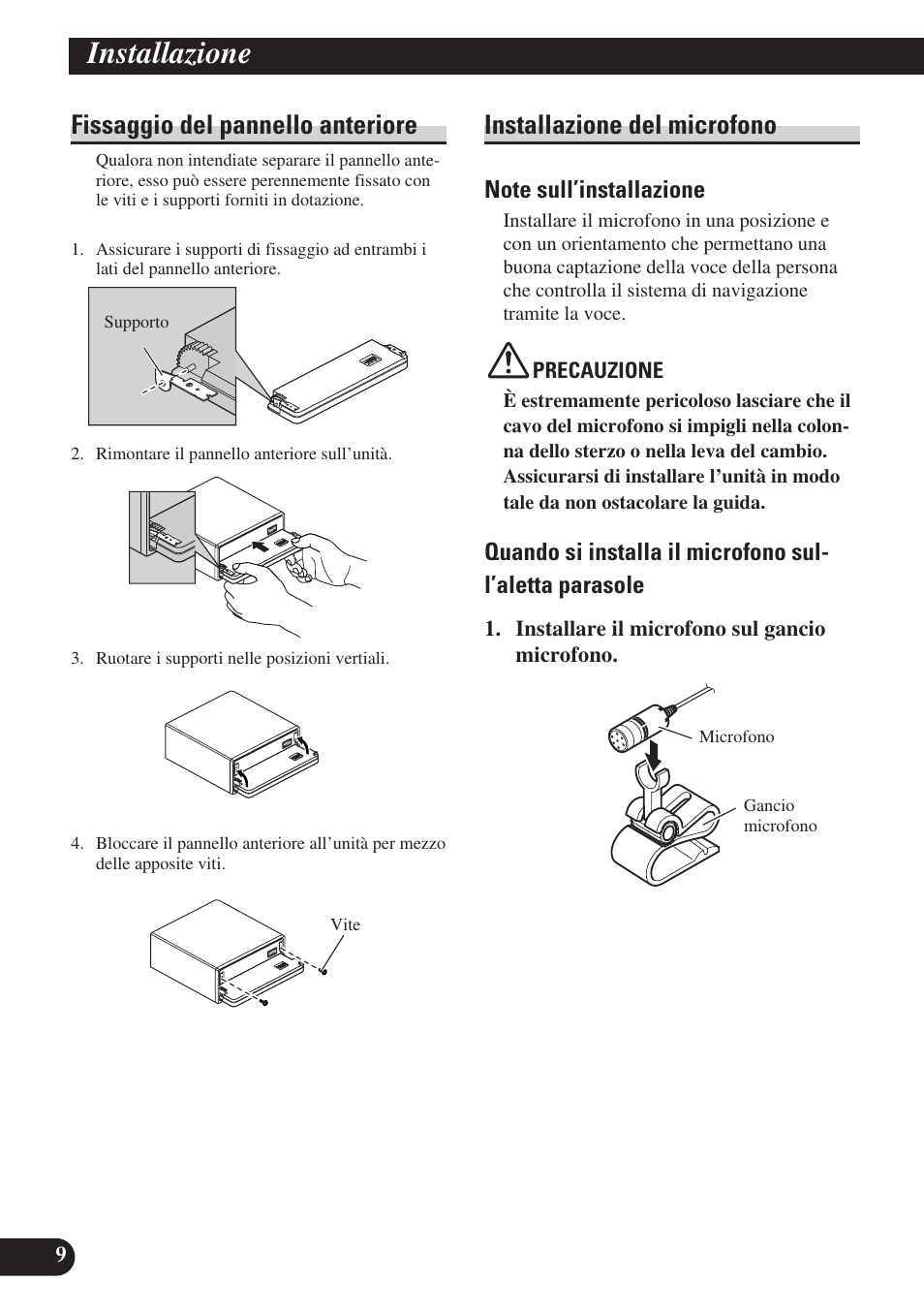 Installazione, Fissaggio del pannello anteriore, Installazione del microfono | Pioneer DEH-P65BT User Manual | Page 50 / 72