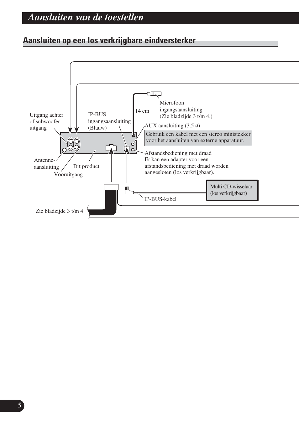 Aansluiten op een los verkrijgbare, Eindversterker, Aansluiten van de toestellen | Aansluiten op een los verkrijgbare eindversterker | Pioneer DEH-P65BT User Manual | Page 56 / 72