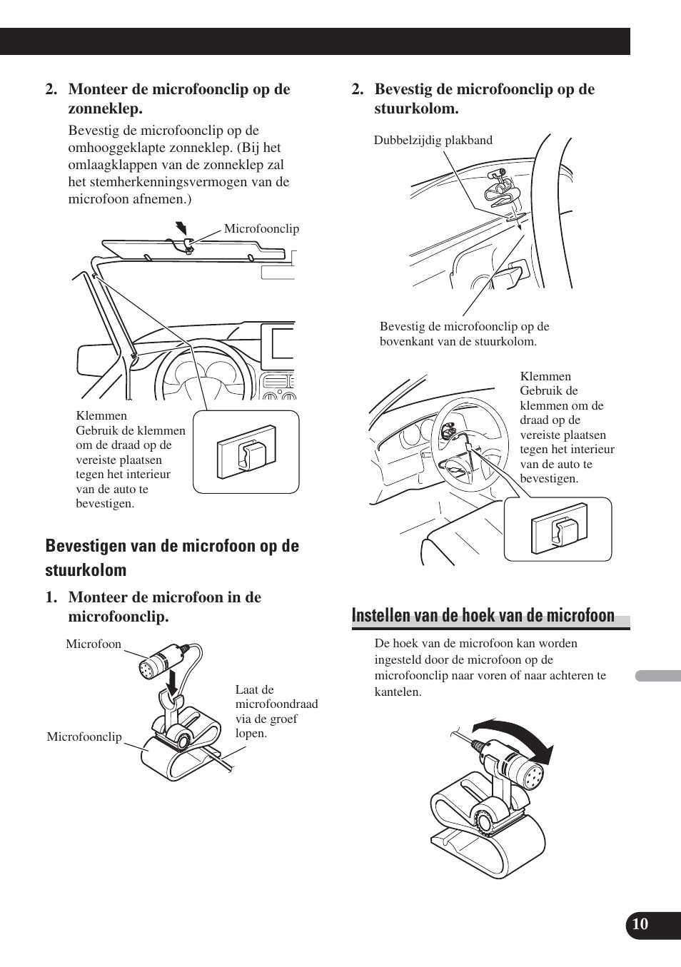 Instellen van de hoek van de microfoon, Bevestigen van de microfoon op de stuurkolom | Pioneer DEH-P65BT User Manual | Page 61 / 72