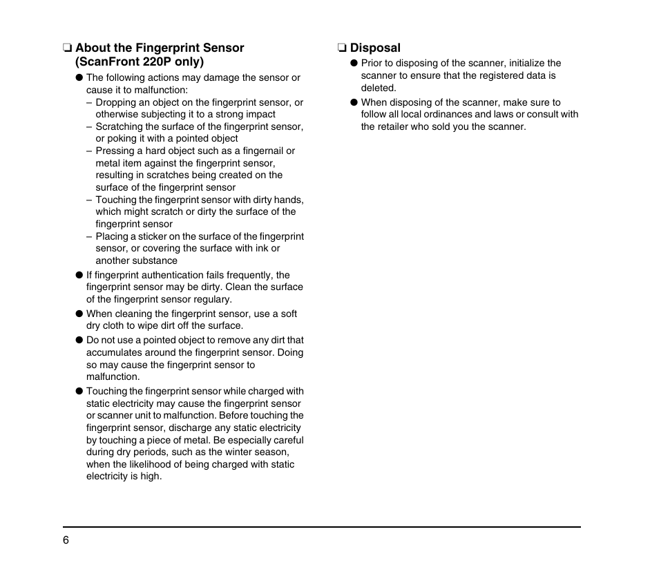 About the fingerprint sensor (scanfront 220p only), Disposal | Canon SCANFRONT M11062 User Manual | Page 10 / 28