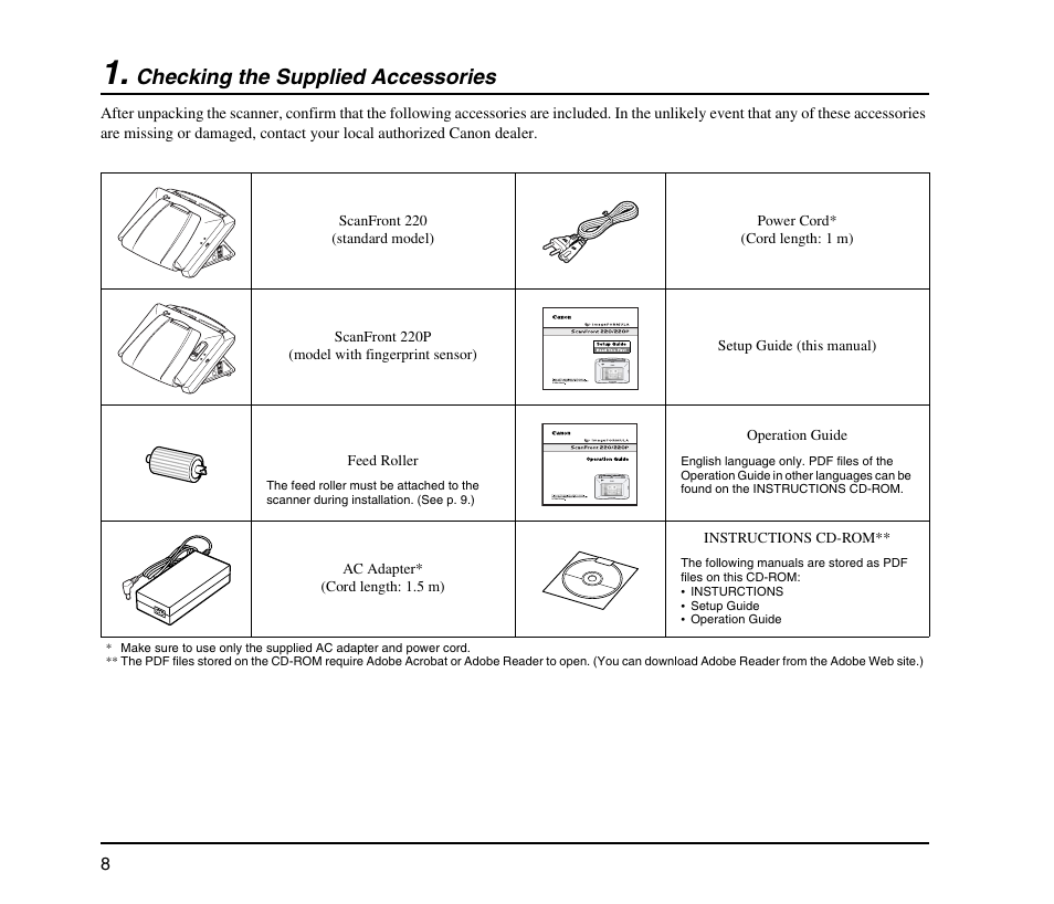 Checking the supplied accessories, Checking the supplied accessories (see p. 8) | Canon SCANFRONT M11062 User Manual | Page 12 / 28