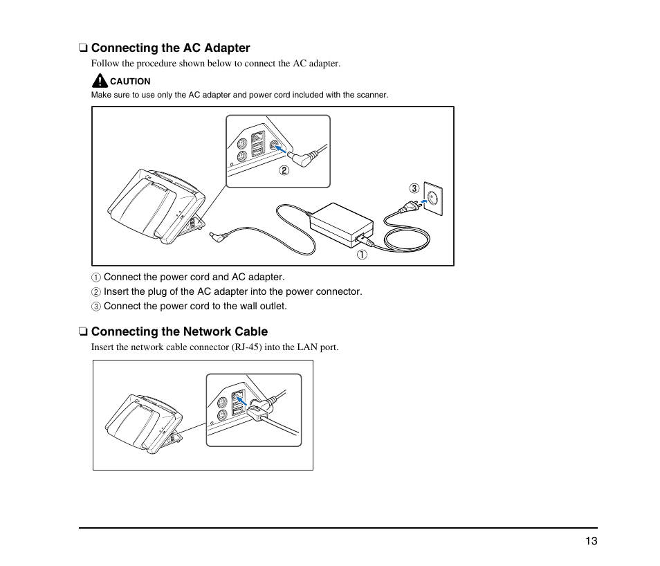 Connecting the ac adapter, Connecting the network cable | Canon SCANFRONT M11062 User Manual | Page 17 / 28