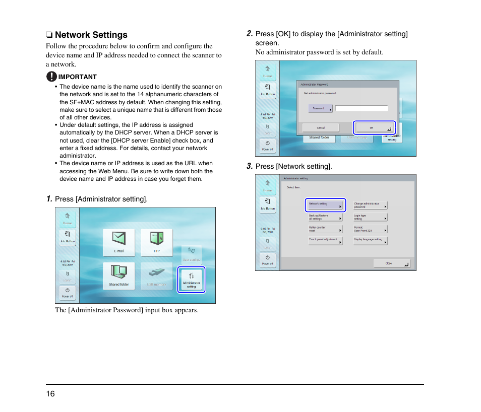 Network settings, See p. 16.) | Canon SCANFRONT M11062 User Manual | Page 20 / 28