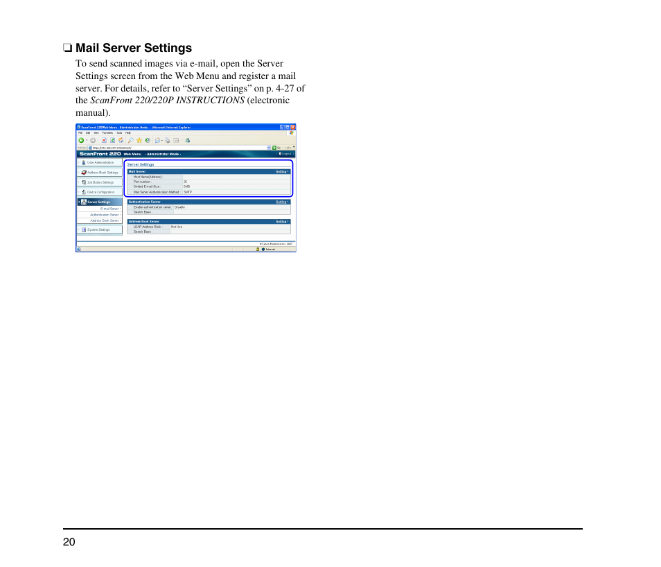 Mail server settings | Canon SCANFRONT M11062 User Manual | Page 24 / 28