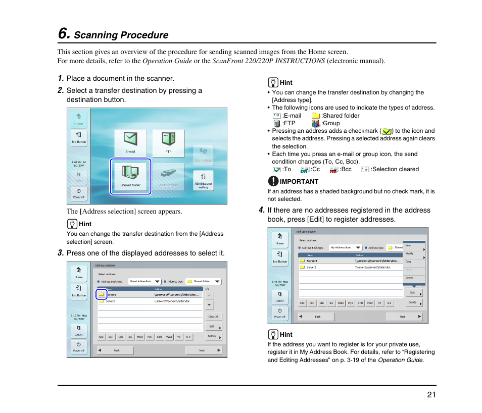 Scanning procedure, Scanning procedure (see p. 21) | Canon SCANFRONT M11062 User Manual | Page 25 / 28