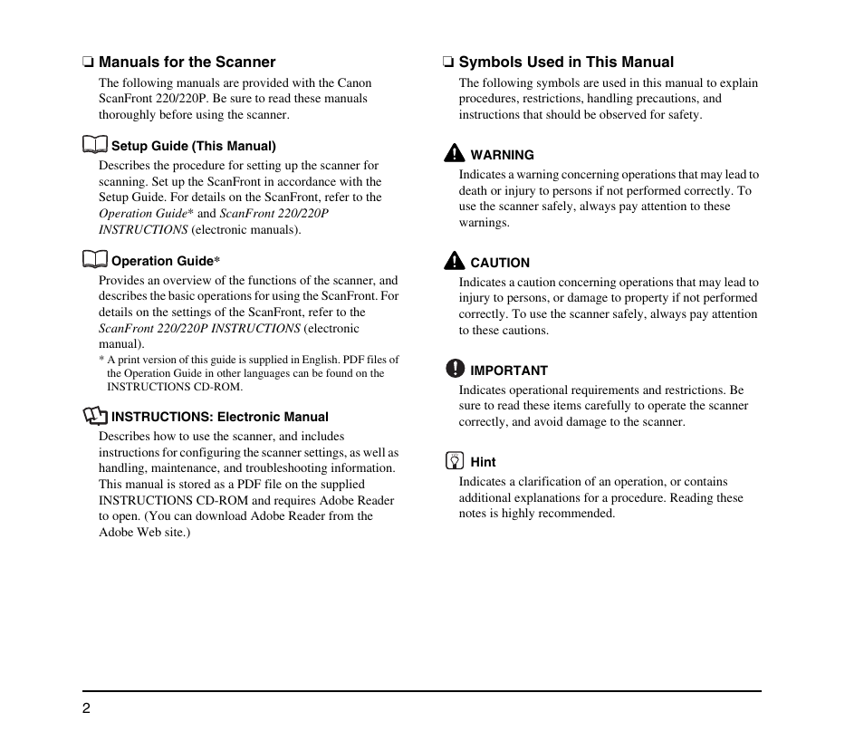 Manuals for the scanner, Symbols used in this manual | Canon SCANFRONT M11062 User Manual | Page 6 / 28