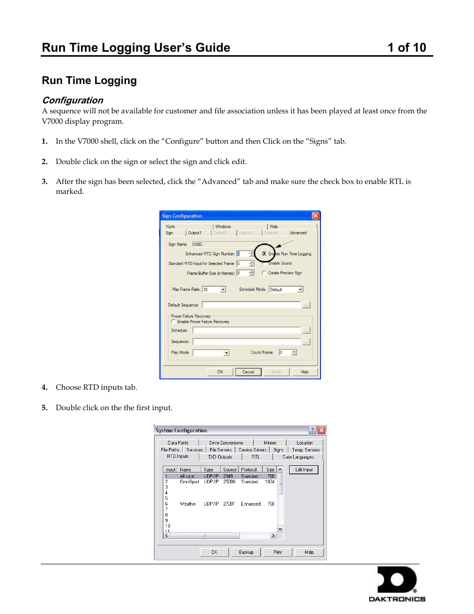 Daktronics Run Time Logging User Manual | 10 pages