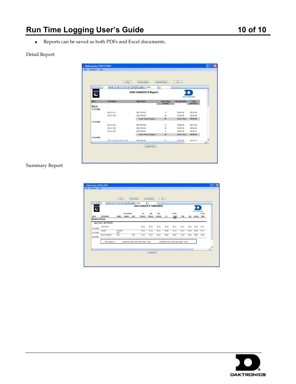 Run time logging user’s guide 10 of 10 | Daktronics Run Time Logging User Manual | Page 10 / 10