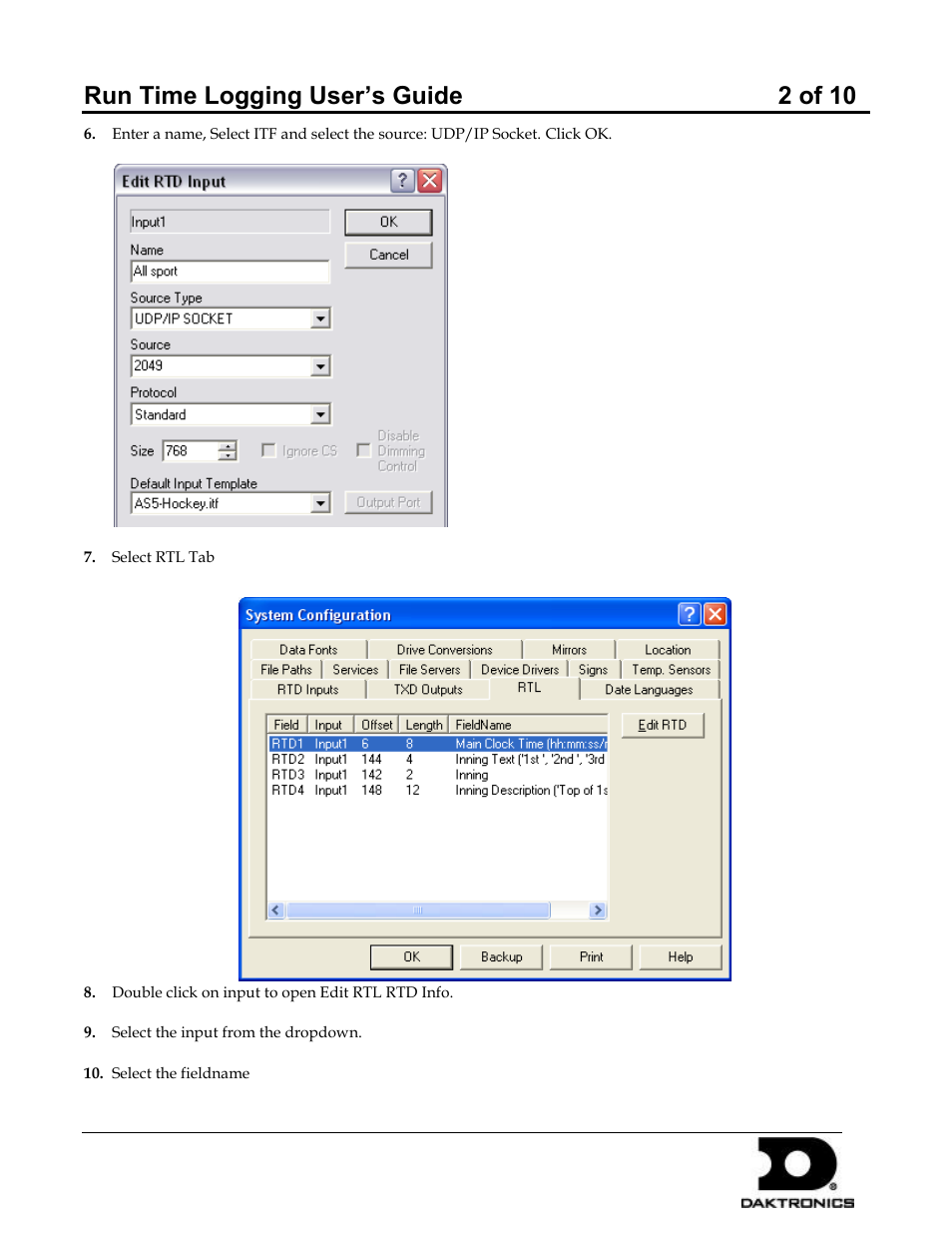 Run time logging user’s guide 2 of 10 | Daktronics Run Time Logging User Manual | Page 2 / 10