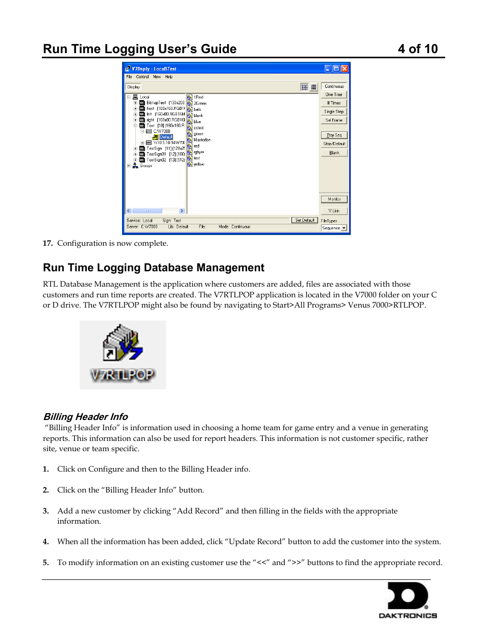 Run time logging user’s guide 4 of 10, Run time logging database management | Daktronics Run Time Logging User Manual | Page 4 / 10