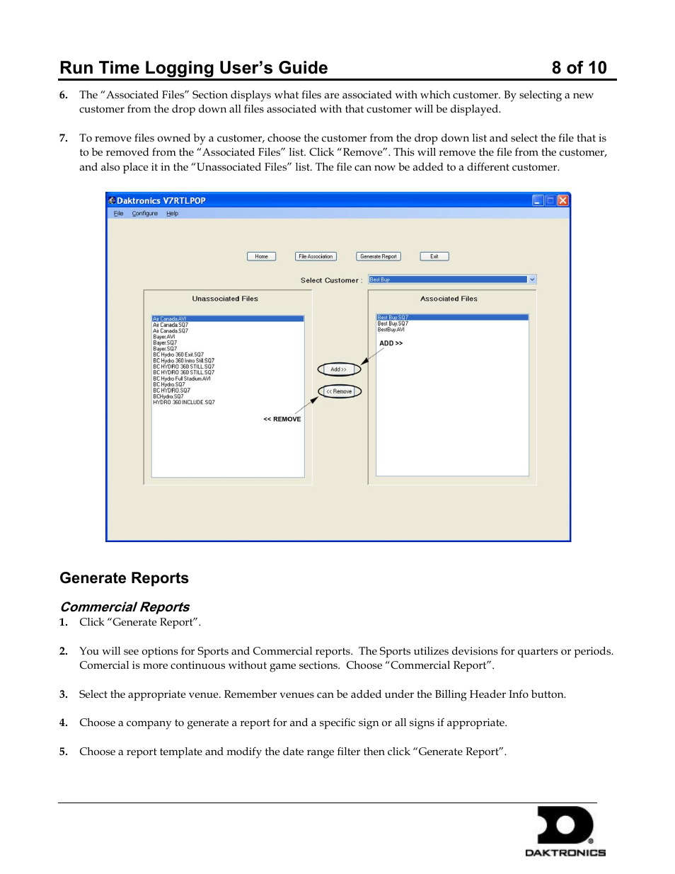 Run time logging user’s guide 8 of 10, Generate reports | Daktronics Run Time Logging User Manual | Page 8 / 10