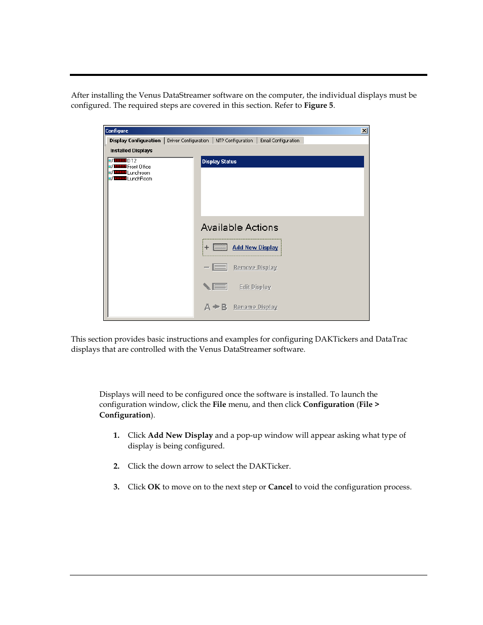 Section 3: configuration, 1 dakticker display configuration, Section 3 | Configuration, Dakticker display configuration | Daktronics Venus DataStreamer User Manual | Page 15 / 81