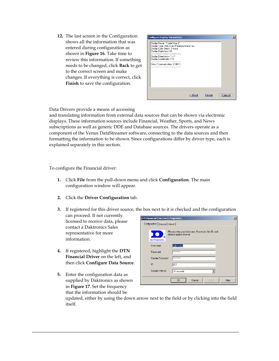 3 data driver configuration, Configuring the financial driver, Data driver configuration | Daktronics Venus DataStreamer User Manual | Page 20 / 81