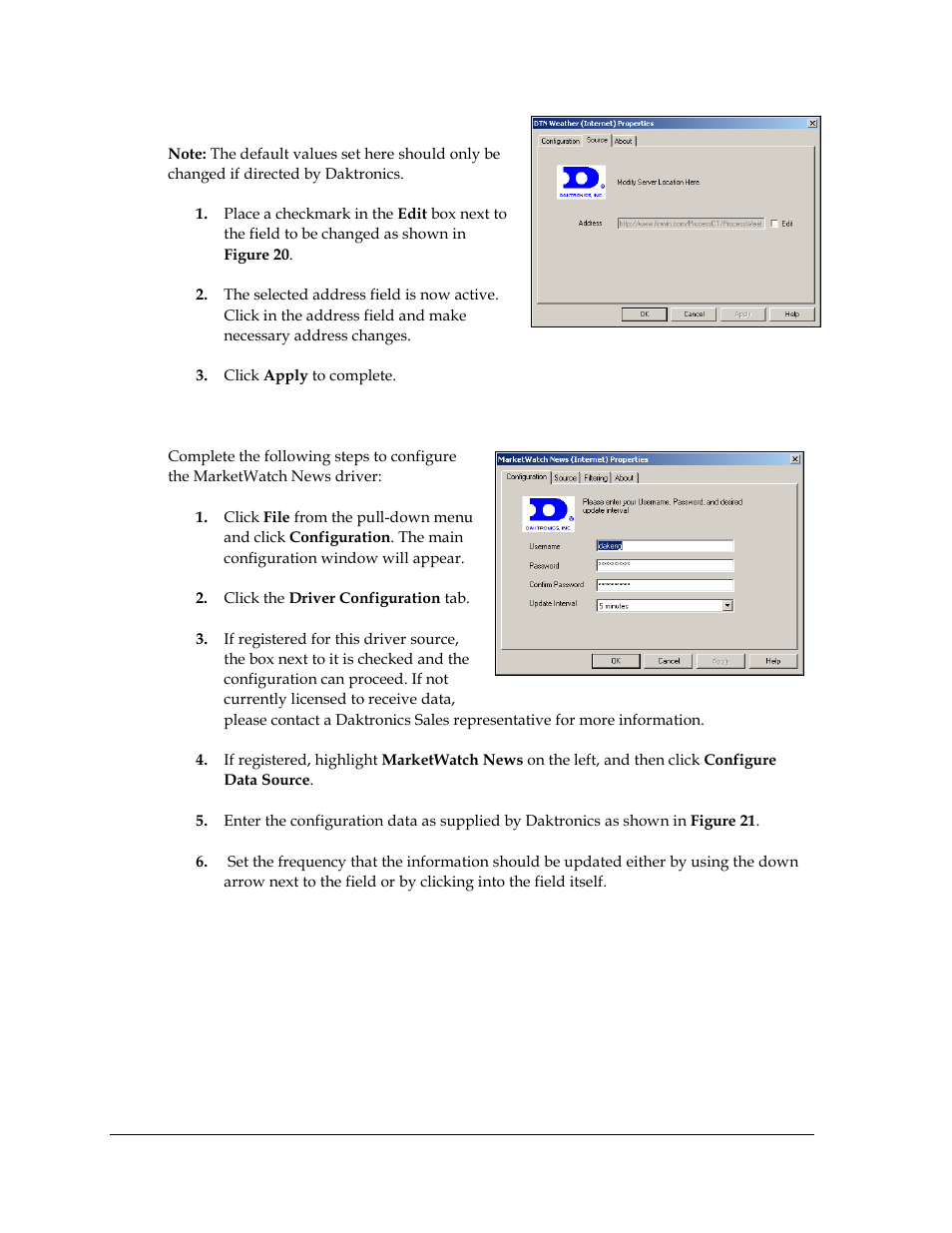 Source tab, Configuring the marketwatch news driver | Daktronics Venus DataStreamer User Manual | Page 22 / 81