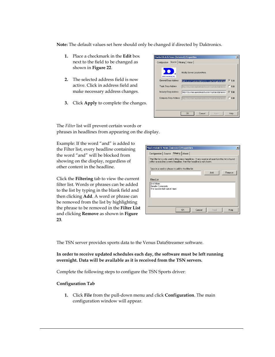 Source tab, Filtering tab, Configuring the tsn sports driver | Daktronics Venus DataStreamer User Manual | Page 23 / 81
