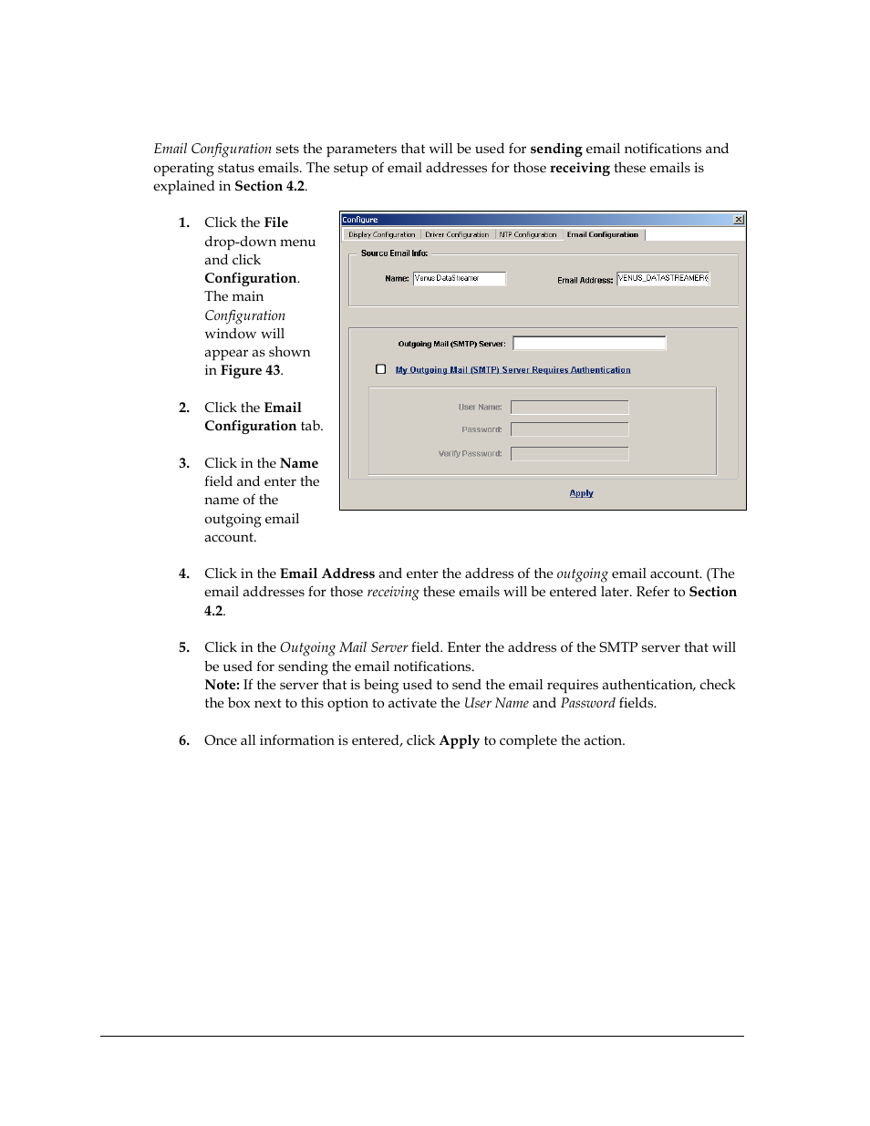 6 email configuration, Email configuration | Daktronics Venus DataStreamer User Manual | Page 32 / 81