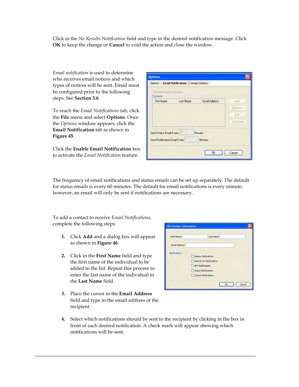 2 email notification tab, Setting email frequency, To add a contact | Email notification tab | Daktronics Venus DataStreamer User Manual | Page 34 / 81