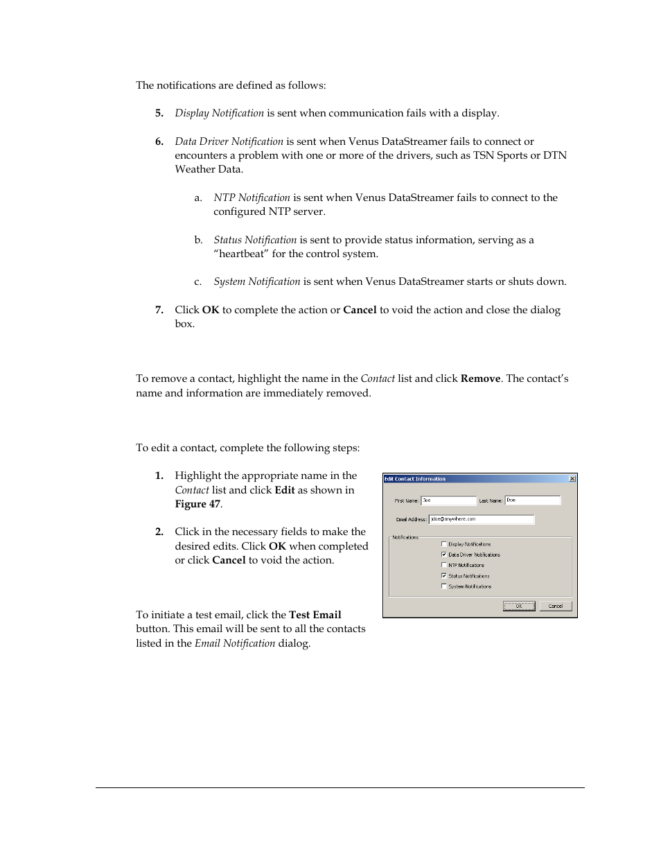 To remove a contact, To edit a contact, Test email | Daktronics Venus DataStreamer User Manual | Page 35 / 81