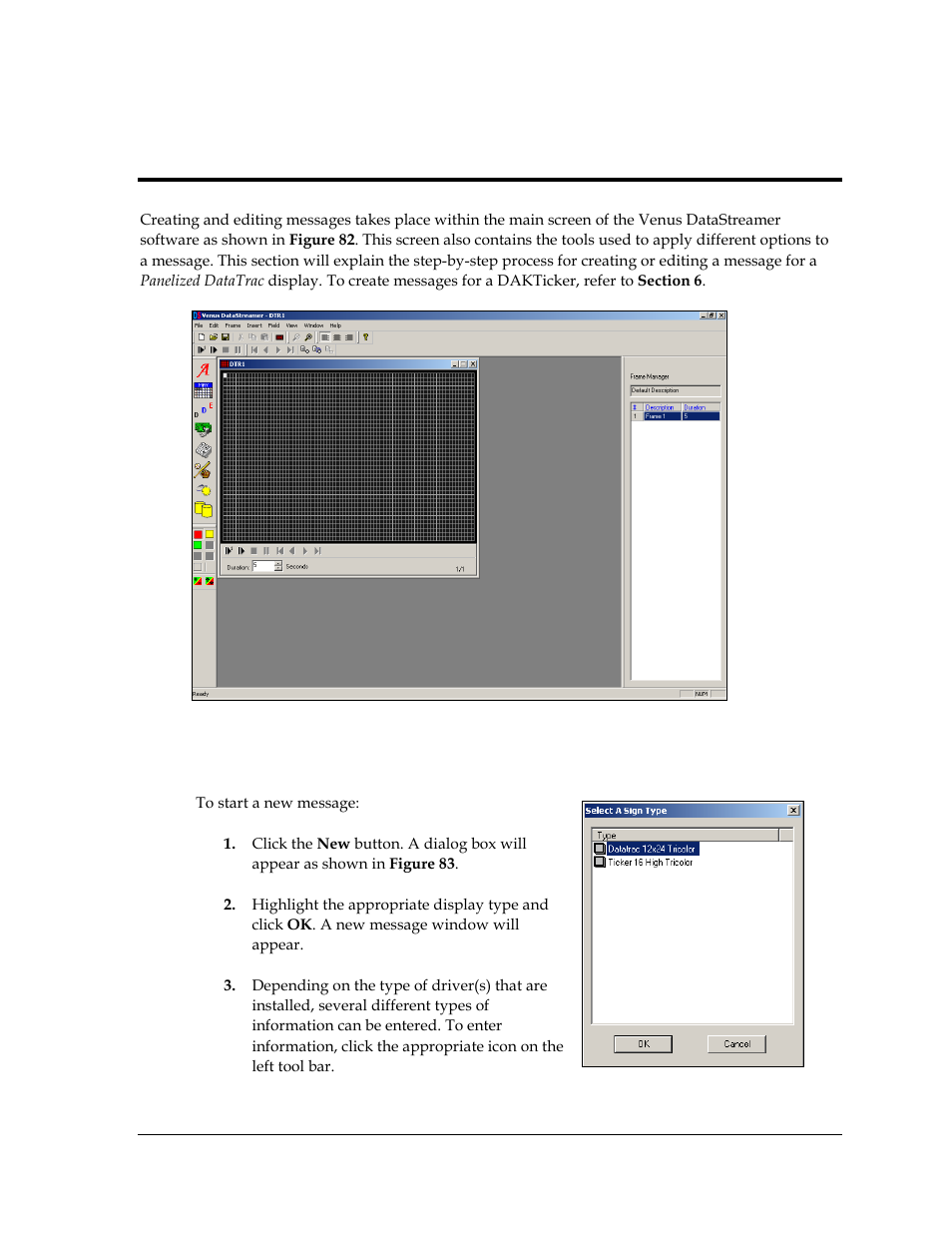 1 to create a new message, Section 7, Creating messages for the panelized datatrac | To create a new message | Daktronics Venus DataStreamer User Manual | Page 55 / 81