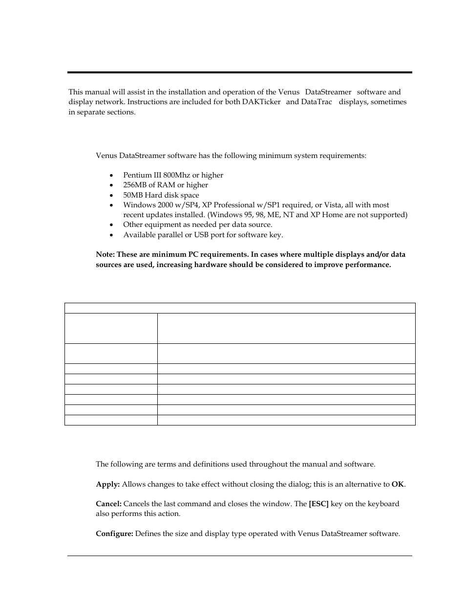 Section 1: introduction, 1 system requirements, 2 conventions used in this manual | 3 definitions of terms, Section 1, Introduction, System requirements, Conventions used in this manual, Definitions of terms | Daktronics Venus DataStreamer User Manual | Page 7 / 81