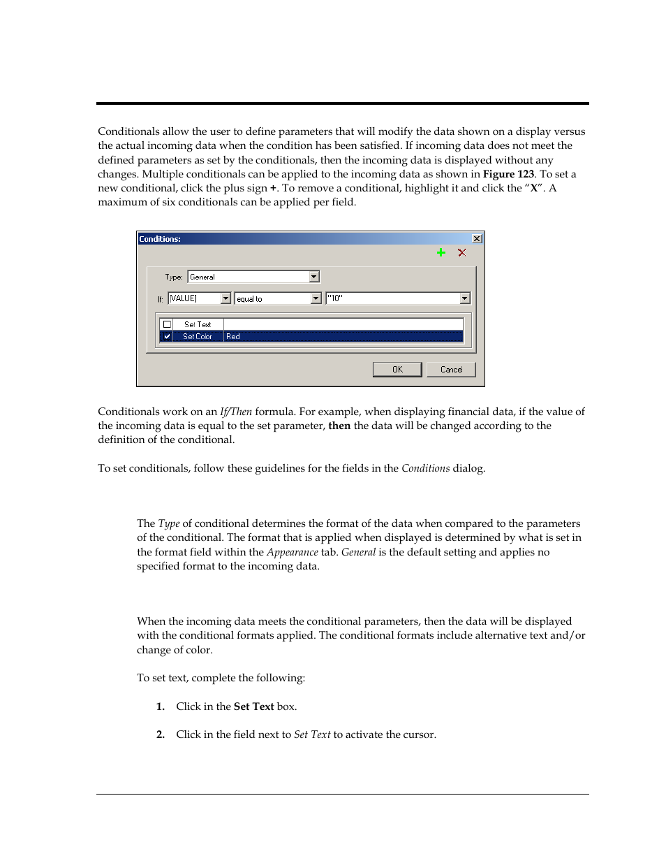 Section 8: conditionals, Type, Setting the conditional | Section 8, Conditionals, O section 8 | Daktronics Venus DataStreamer User Manual | Page 73 / 81