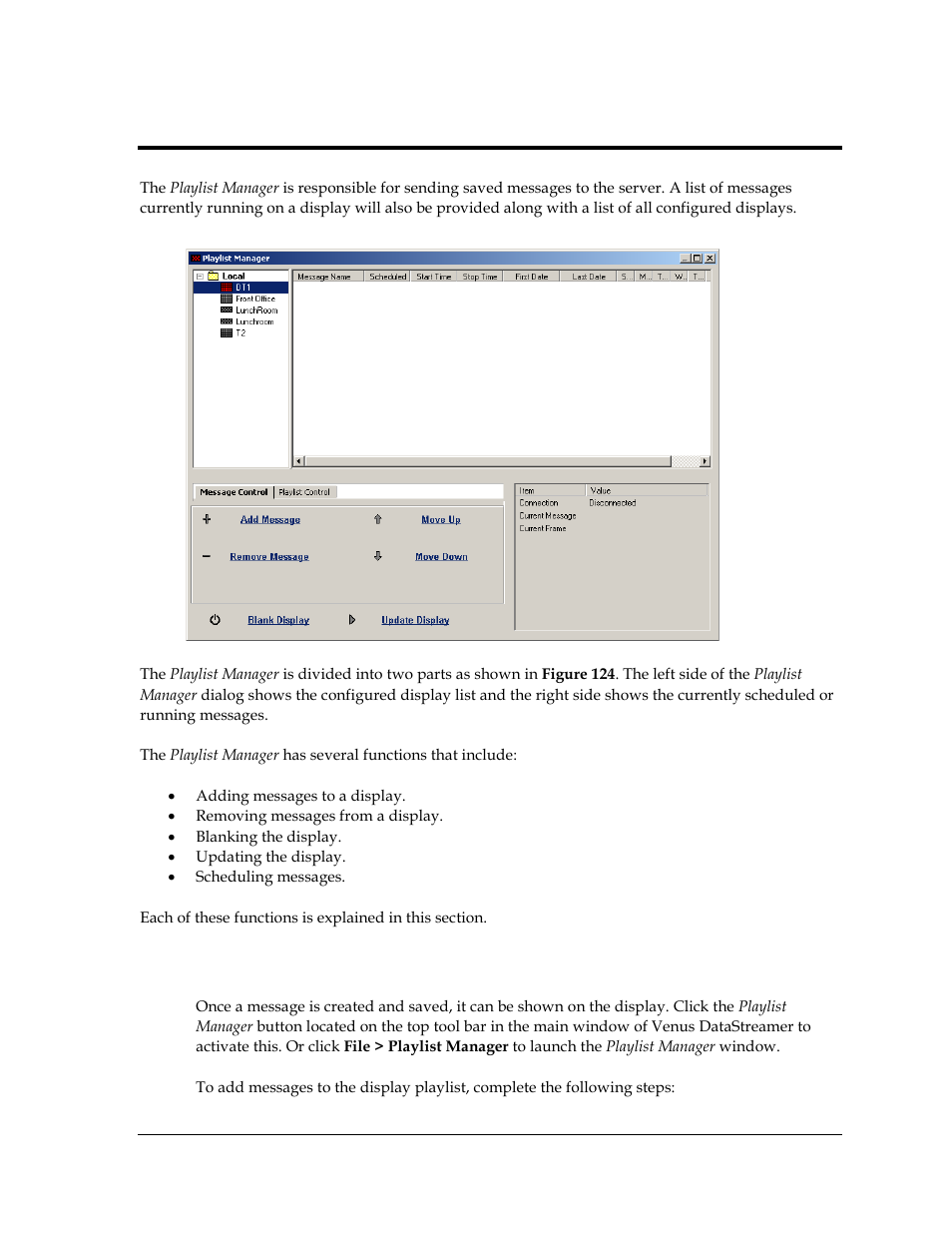 Section 9: playlist manager, 1 adding a message, Section 9 | Playlist manager, Adding a message | Daktronics Venus DataStreamer User Manual | Page 77 / 81