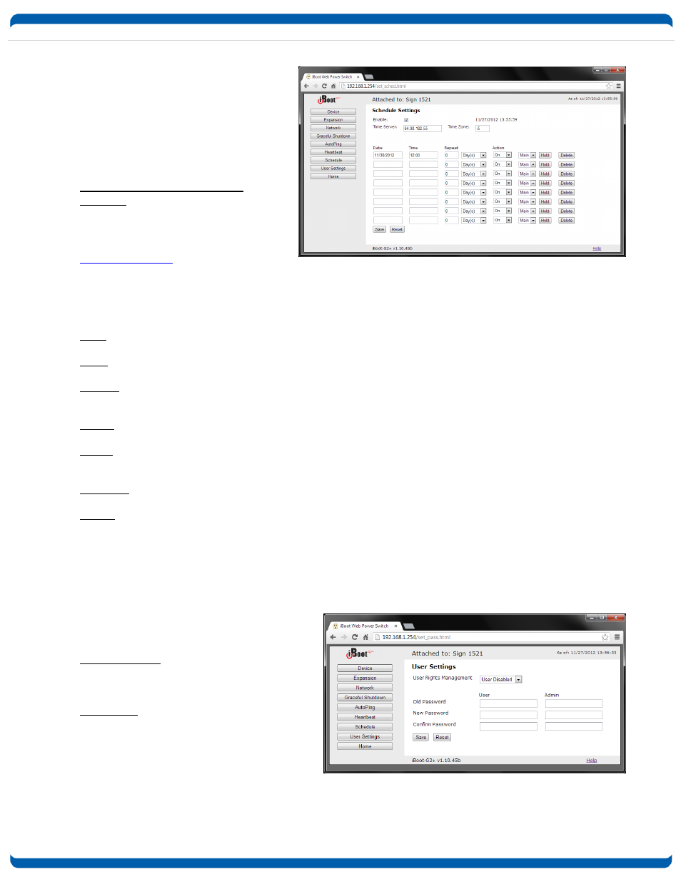 Event scheduling, To enable the time scheduling function, User settings | Dataprobe iBoot-G2 Operation Manual User Manual | Page 21 / 37
