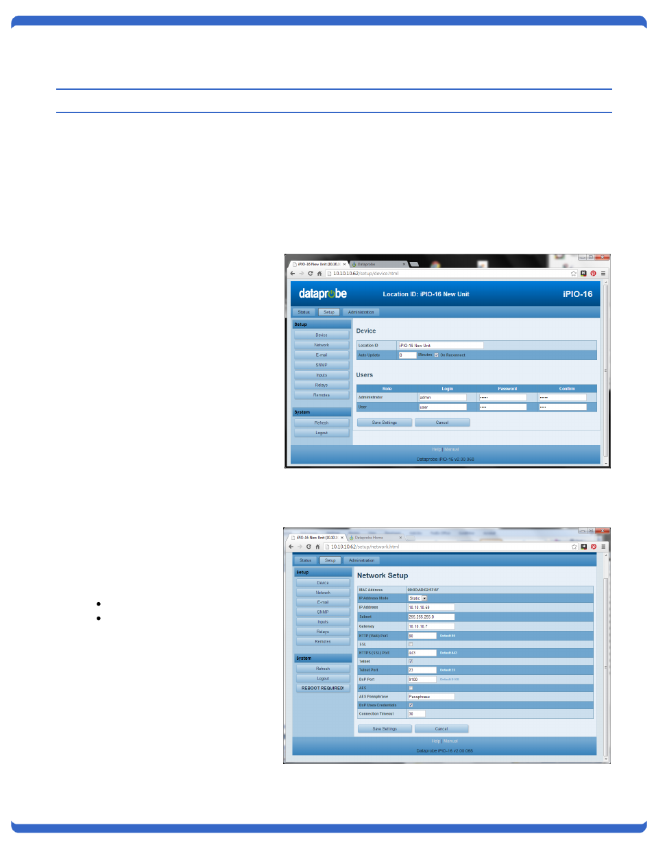 Web browser setup, /device setup, /network setup | Device setup, Network setup | Dataprobe iPIO-2 Operation Manual User Manual | Page 15 / 28