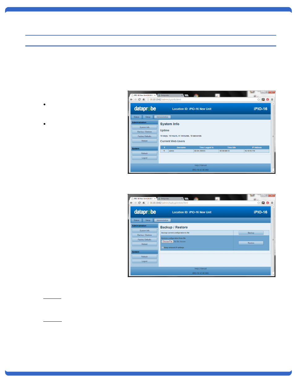 Web browser administration, //system info, Backup and restore | Backup, Restore, System info | Dataprobe iPIO-2 Operation Manual User Manual | Page 22 / 28