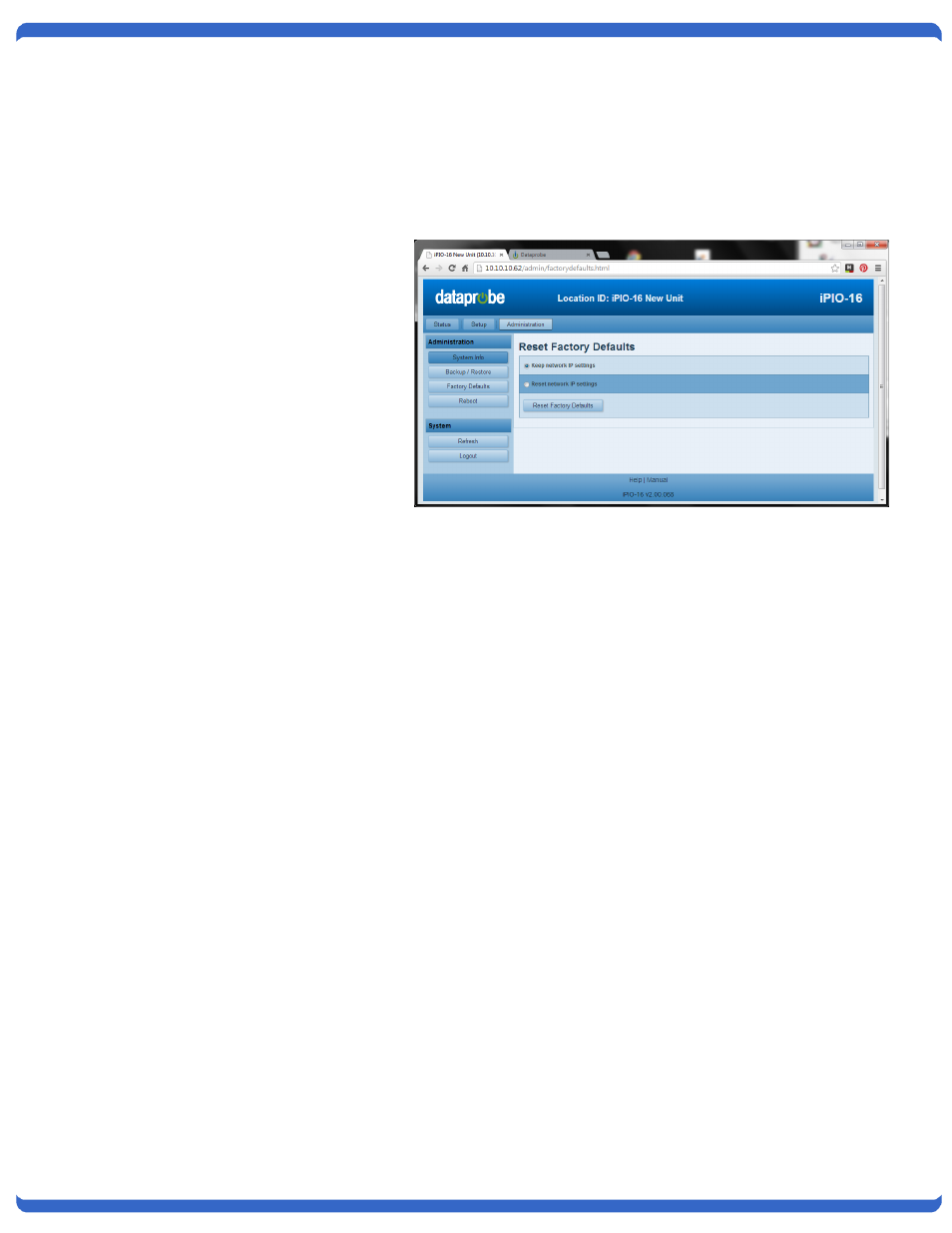/factory defaults, Reboot, Factory defaults | Dataprobe iPIO-2 Operation Manual User Manual | Page 23 / 28