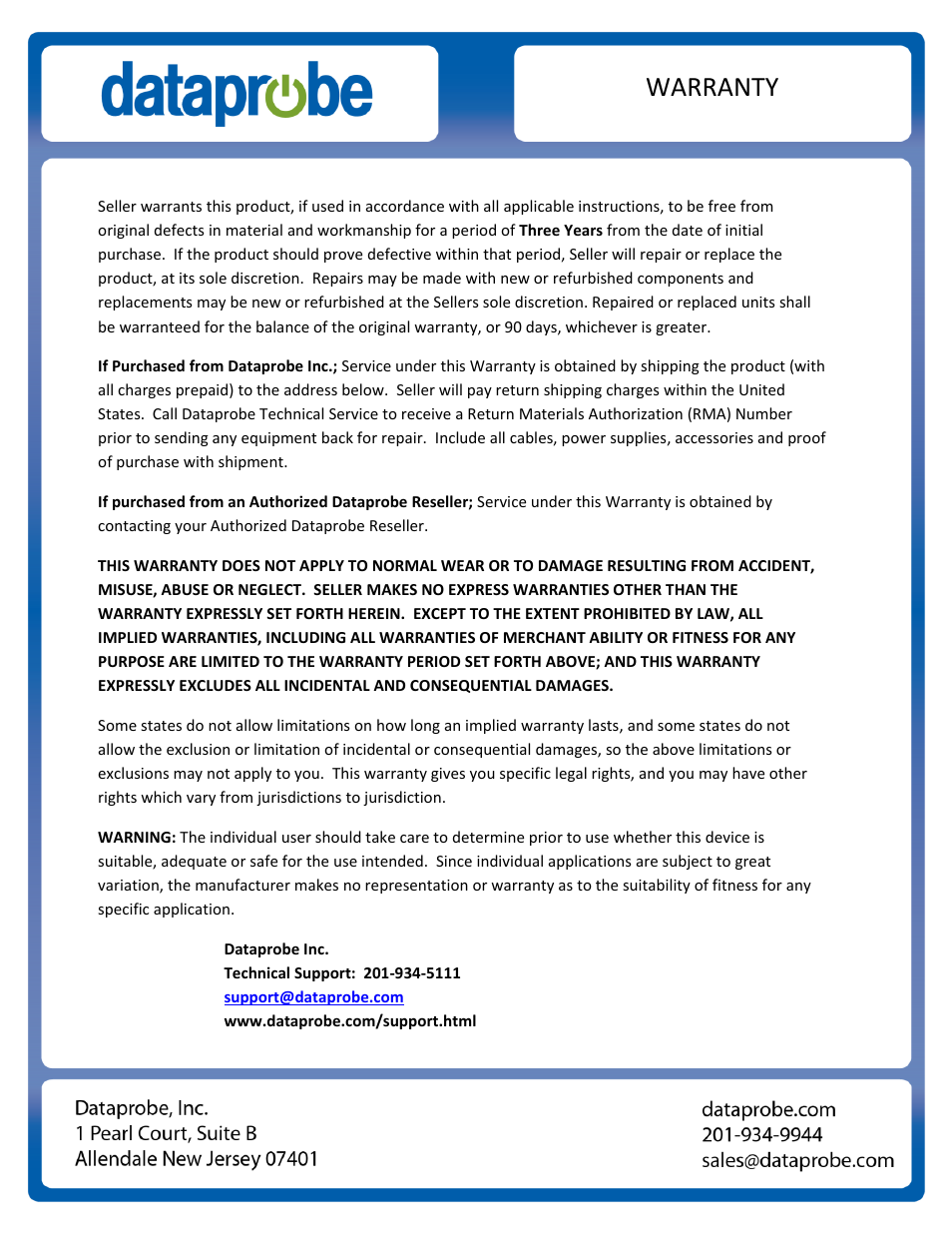 Warranty | Dataprobe T-APS Standalone User Manual | Page 17 / 17