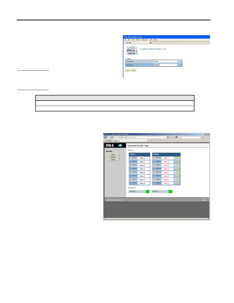 Web page access, Status and control | Dataprobe iPIO-8 Operation Manual User Manual | Page 5 / 14