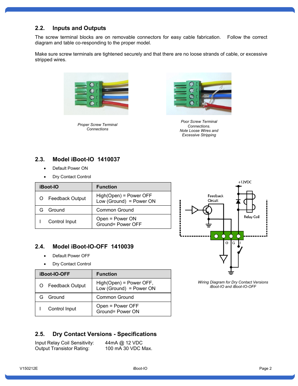 Inputs and outputs, Model iboot-io 1410037, Model iboot-io-off 1410039 | Dry contact versions - specifications | Dataprobe iBoot-IO User Manual | Page 2 / 7