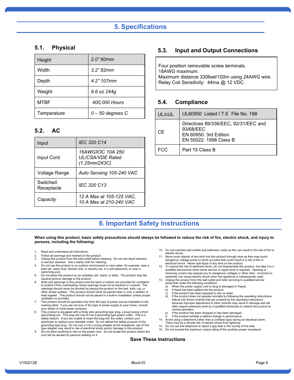 Specifications, Physical, Input and output connections | Compliance, Important safety instructions | Dataprobe iBoot-IO User Manual | Page 6 / 7