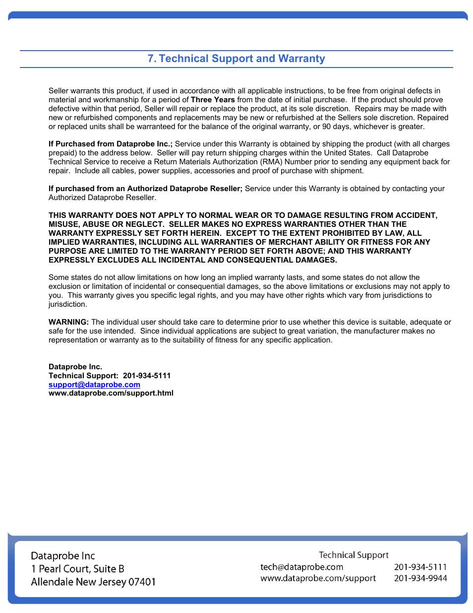 Technical support and warranty | Dataprobe iBoot-IO User Manual | Page 7 / 7