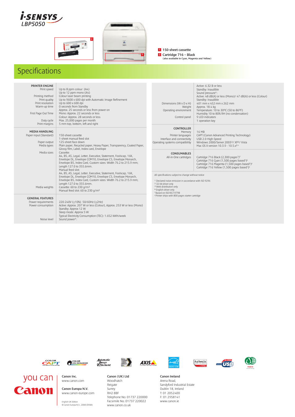 Specifications | Canon I-Sensys Colour Laser Printer LBP5050 User Manual | Page 2 / 2