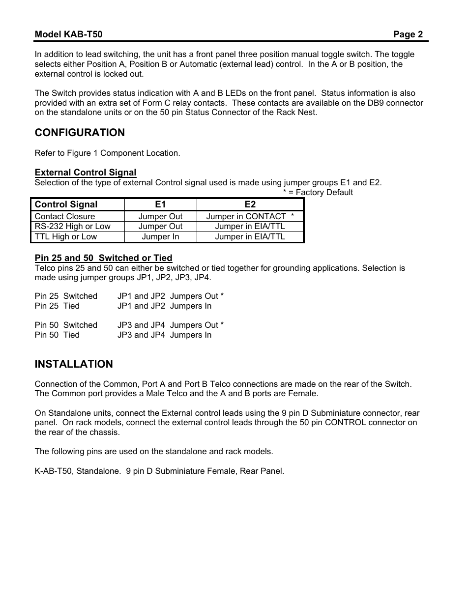 Configuration, Installation | Dataprobe K-AB-T50 User Manual | Page 2 / 6