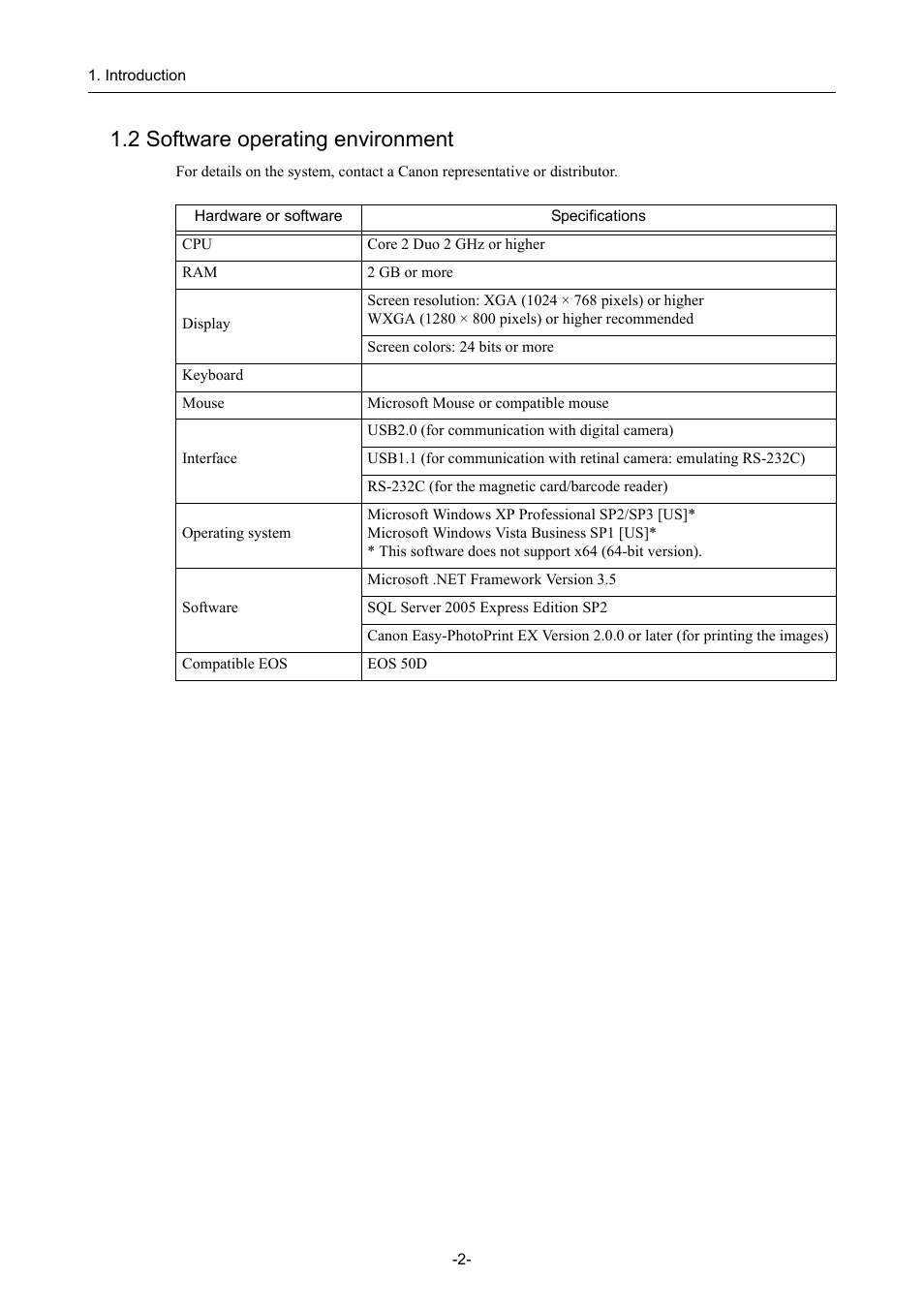 2 software operating environment | Canon CR-1 MARK II User Manual | Page 10 / 138