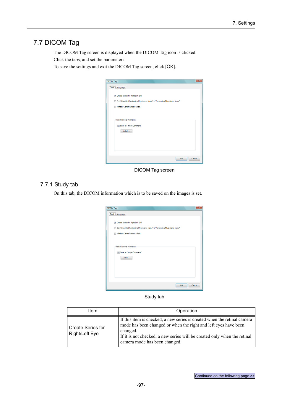 7 dicom tag, 1 study tab | Canon CR-1 MARK II User Manual | Page 105 / 138