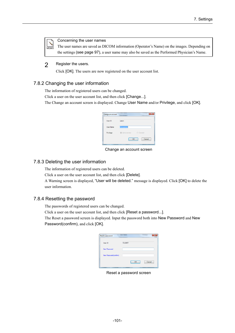 2 changing the user information, 3 deleting the user information, 4 resetting the password | Canon CR-1 MARK II User Manual | Page 109 / 138