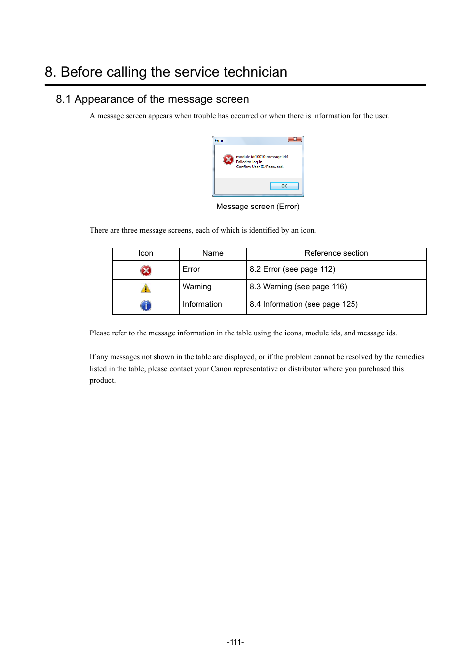 Before calling the service technician, 1 appearance of the message screen | Canon CR-1 MARK II User Manual | Page 119 / 138