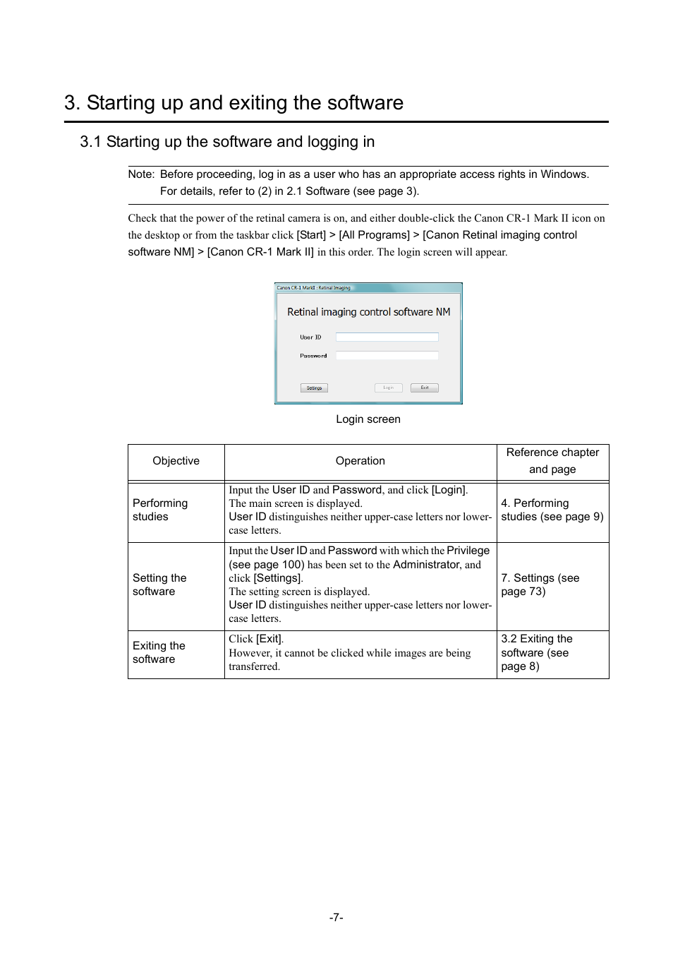 Starting up and exiting the software, 1 starting up the software and logging in | Canon CR-1 MARK II User Manual | Page 15 / 138