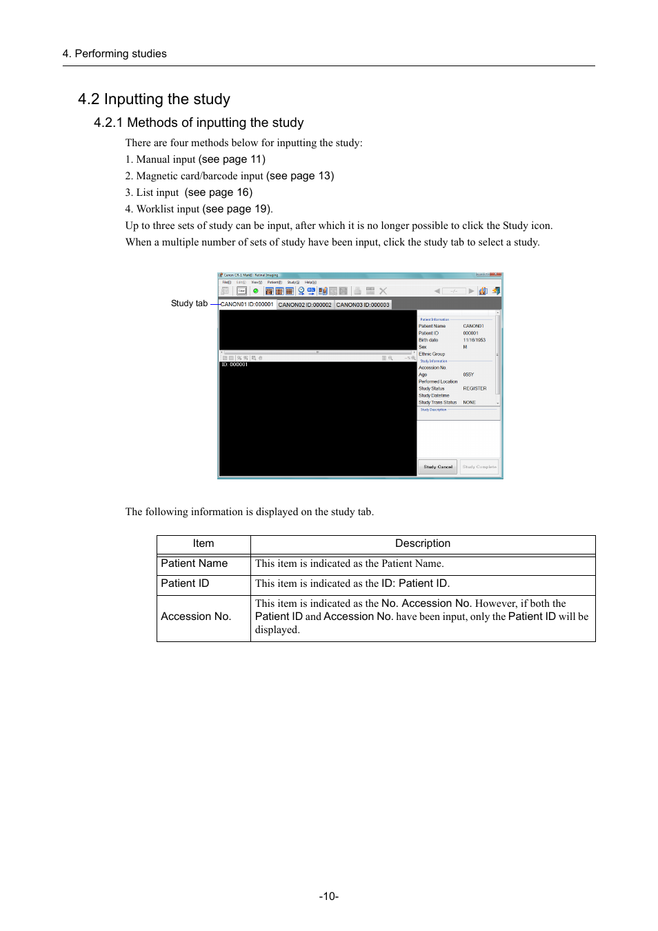 2 inputting the study, 1 methods of inputting the study | Canon CR-1 MARK II User Manual | Page 18 / 138