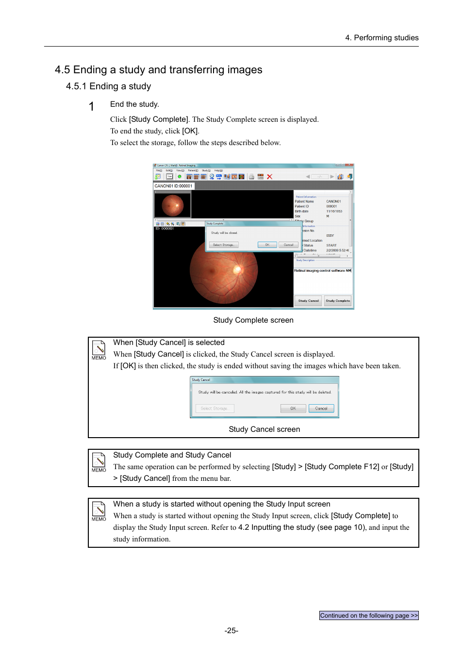 5 ending a study and transferring images, 1 ending a study | Canon CR-1 MARK II User Manual | Page 33 / 138