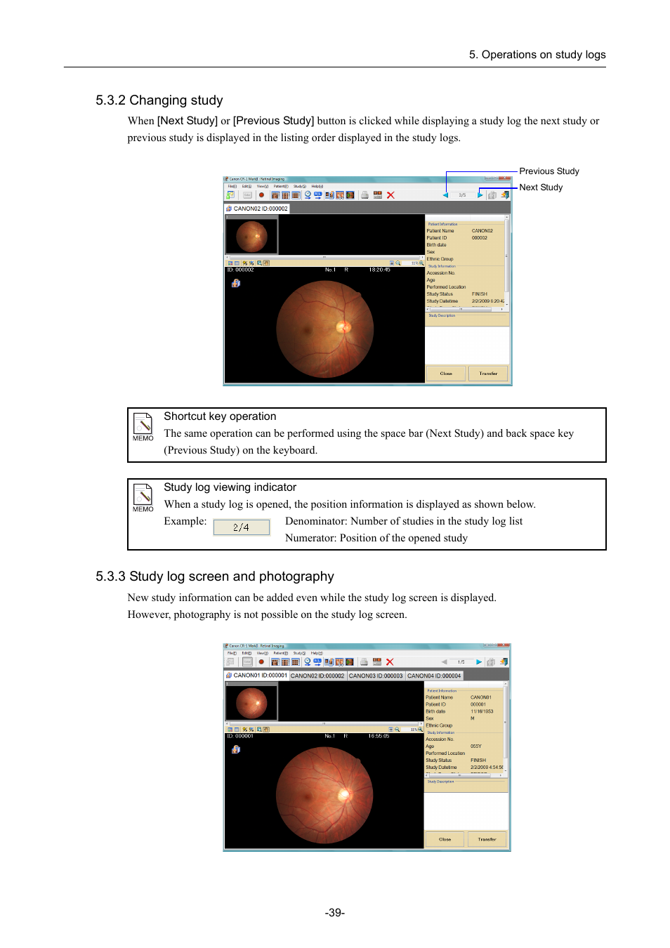 2 changing study, 3 study log screen and photography | Canon CR-1 MARK II User Manual | Page 47 / 138